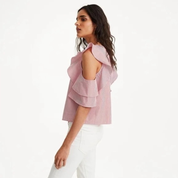 Club Monaco Hamisi Ruffle Stripe Cold Shoulder Top Red White XS - Picture 2 of 13